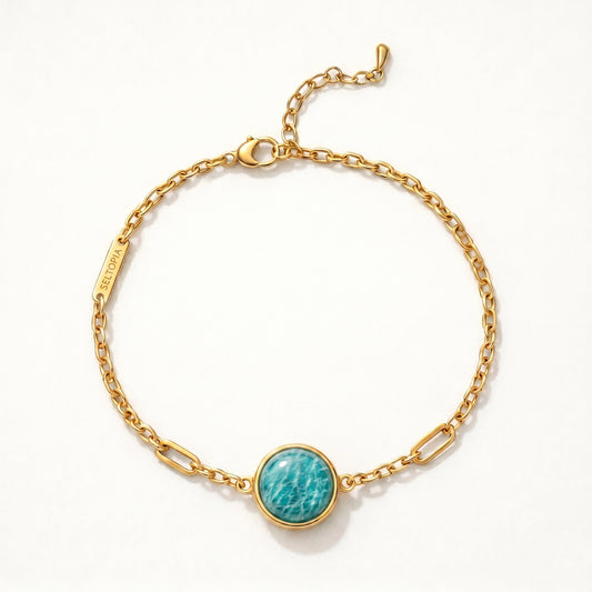 Cora amazonite bracelet — gold-chain NFC smart jewelry with a blue-green amazonite stone for calm and honest self-expression