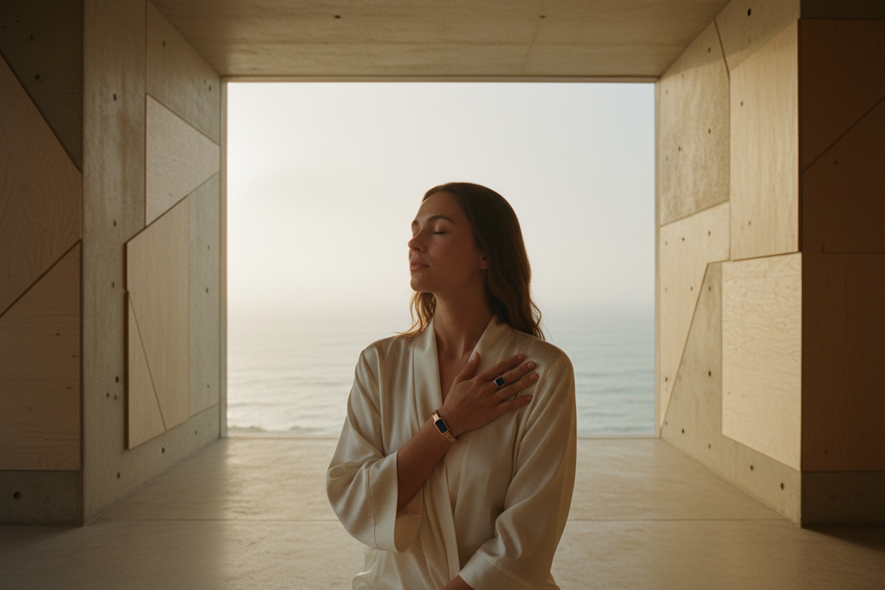 A cinematic editorial photograph of a woman with closed eyes, deep in a meditative flow state. Her hand, wearing a refined matte gold and deep blue stone bracelet (the Seltopia Cora), gently touches her chest close to her heart. She is in a minimalist, architectural sanctuary made of warm beige concrete and natural wood, overlooking a calm, foggy ocean at sunrise. Soft, diffused golden hour light. Film grain, natural textures, quiet luxury aesthetic. --ar 21:9 --style raw --s 250