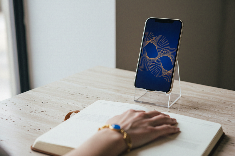 A lifestyle editorial shot on a travertine desk. A sleek smartphone is propped up on a stand, displaying an abstract, artistic biological rhythm visualization (elegant flowing lines in deep indigo and gold). In the foreground, a hand wearing the Seltopia bracelet rests calmly on a notebook/journal, out of focus. The phone is a tool for wellness, offering a calm digital presence. Soft natural window light. --ar 16:9 --style raw --s 250