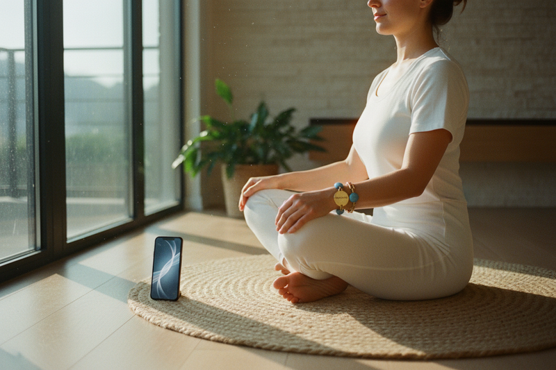 A serene, sun-drenched lifestyle photograph of a person in a seated meditation pose on a natural jute rug near a large window. Eyes closed, calm expression. Their hands rest on their knees, perfectly showcasing the matte gold and blue Seltopia bracelet. A smartphone is propped on the wooden floor beside the mat, serving as a background element, its screen showing the gently undulating "flow state" light animation. Peaceful, grounded, spiritual luxury vibe. Film grain. --ar 16:9 --style raw --s 300
