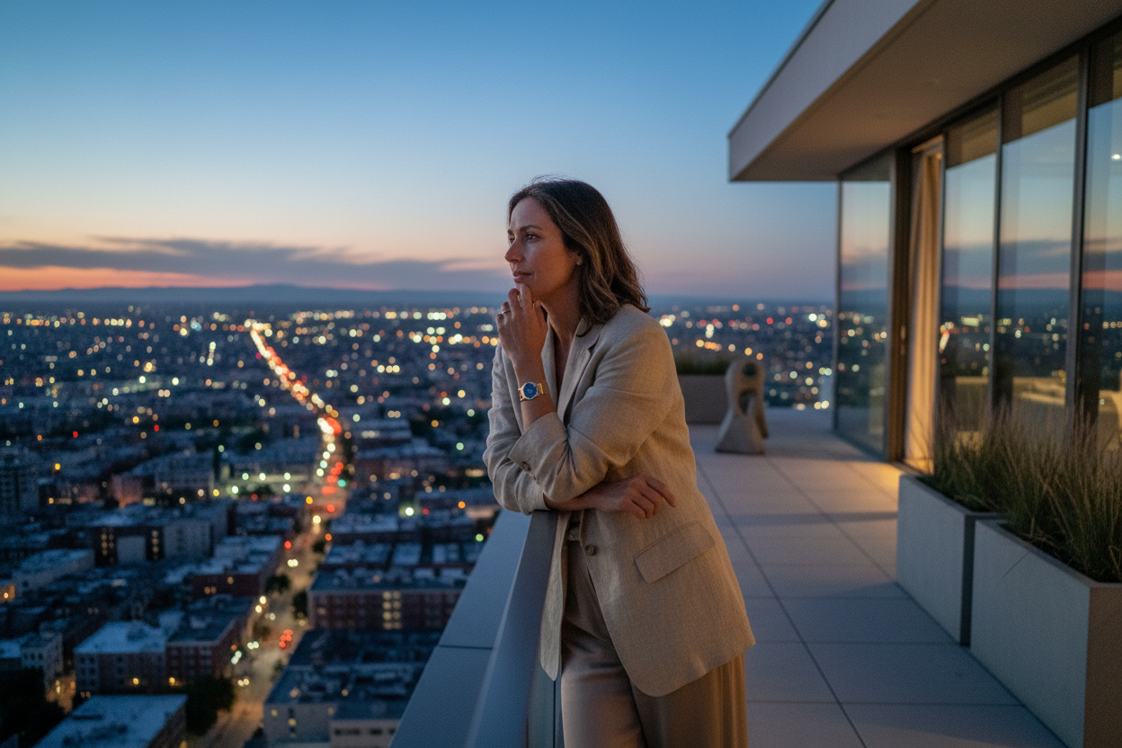 A sophisticated candid shot of a person wearing a relaxed, unstructured beige linen blazer and silk-blend trousers. They lean casually against the railing of a high-rise minimalist penthouse terrace, overlooking a sprawling city skyline during the blue hour (dusk). Their hand, wearing the refined gold and matte blue Seltopia bracelet, touches their chin thoughtfully. Quiet confidence, urban sanctuary vibe, soft ambient city light mixed with warm interior light. Medium format film grain. --ar 21:9 --style ra