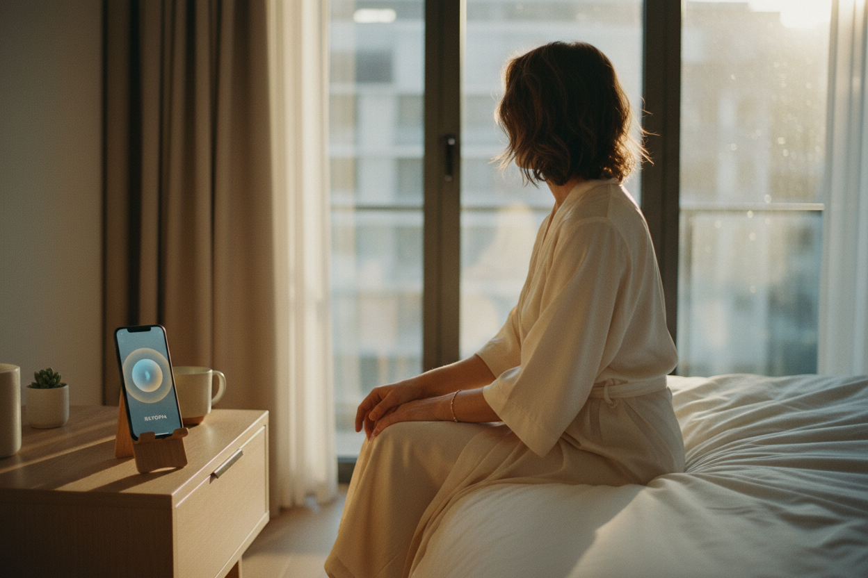 An intimate, sun-drenched editorial shot in a minimalist master bedroom. A person in a flowing silk robe sits gently on the edge of a bed, looking out a large window, experiencing a moment of calm. On a minimalist wooden nightstand next to them, a smartphone is propped up on a stand. The screen glows with a subtle, slowly breathing organic light sphere (the Seltopia app interface). The bracelet is visible on their resting wrist. Serene, slow living vibe, natural morning light blending with screen light. Fil