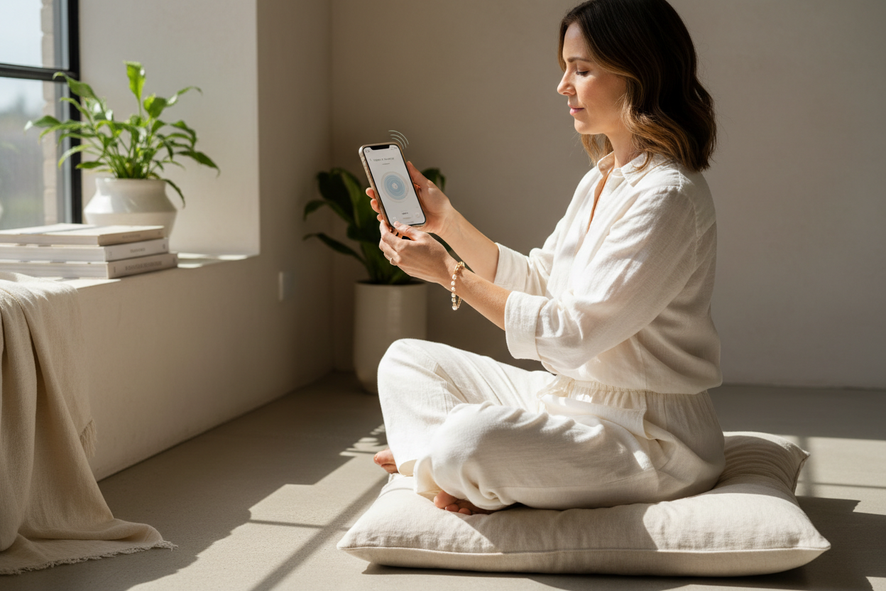 (Masterpiece, high-end lifestyle photography:1.3), horizontal hero image. A conscious achiever woman sitting by a sunny window in a minimalist room, practicing her morning ritual. She holds a phone, and her wrist (wearing a gold and pearl Seltopia bracelet) is brought close to the phone to trigger an app. The phone screen displays a soft, calming "breath guide" interface. Natural sunlight streams in, casting soft shadows. The color palette is dominated by "Mist Beige" (#EBE4DC) and "Warm White" (#FFFDFA), c