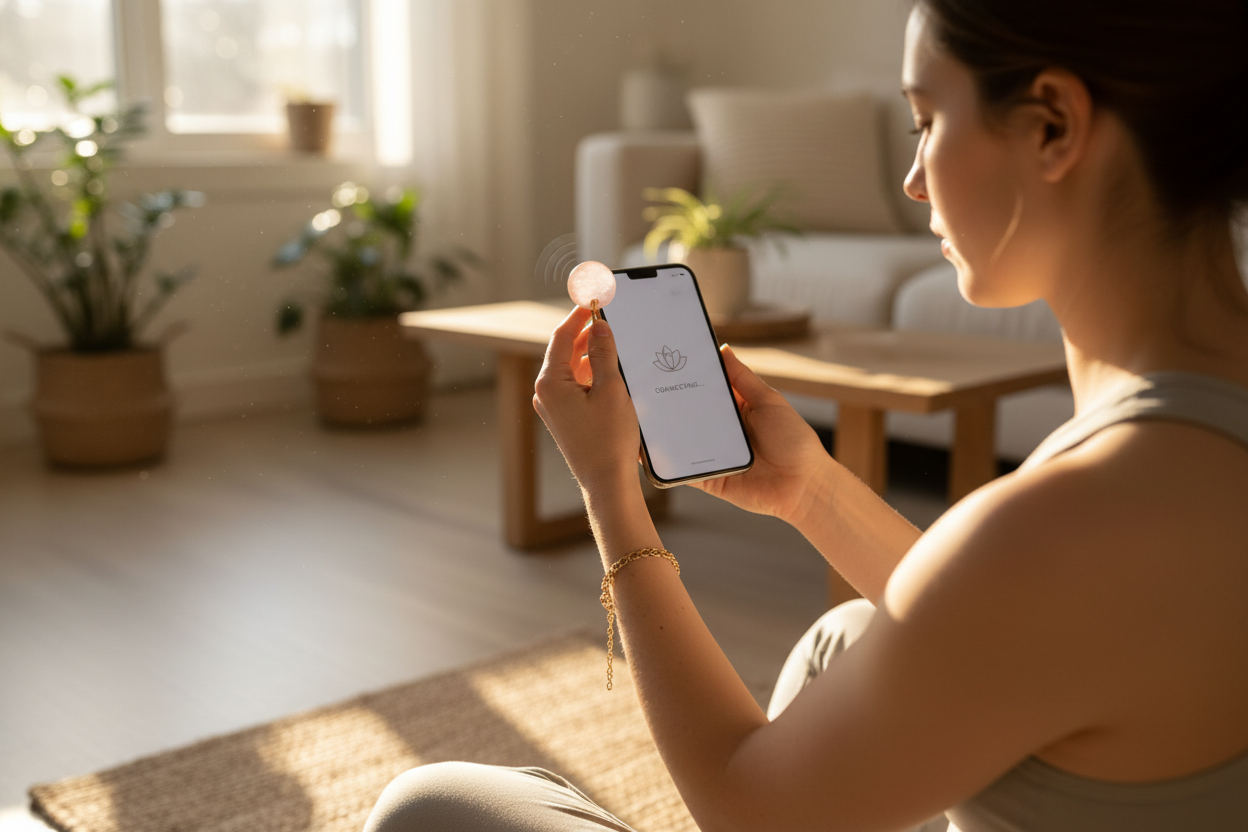 Subject: An intimate, over-the-shoulder shot of a woman sitting on a yoga mat in a sun-drenched living room. She is holding a smartphone in one hand. Action: She is bringing the round pink stone of her gold bracelet close to the top edge of her phone to trigger an NFC connection. The phone screen glows softly, displaying a minimalist meditation app interface. Product Details: The round pink stone (NFC anchor) catches the morning light. The textured gold links of the bracelet drape naturally over her wrist. 
